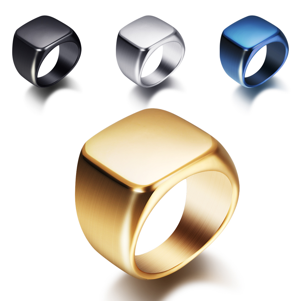 Signet Ring Men - Darmowe grawerowanie nowe srebrne/złoty/czarny/niebieski kwadratowy sygnet