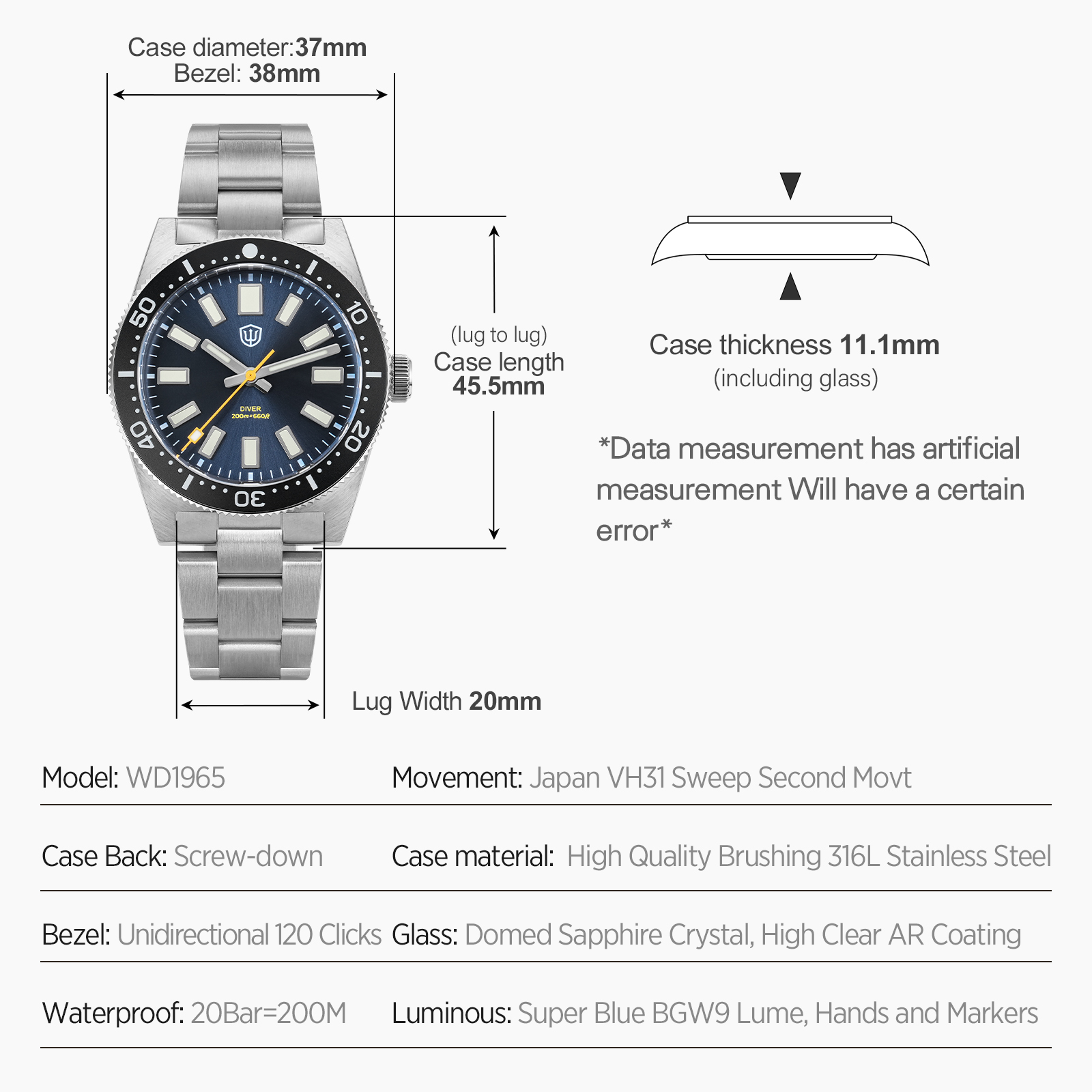 Watchdives 37mm WD1965 V2 Męsk – Men'S Accessories Jewelry Bracelet recenzja i cena